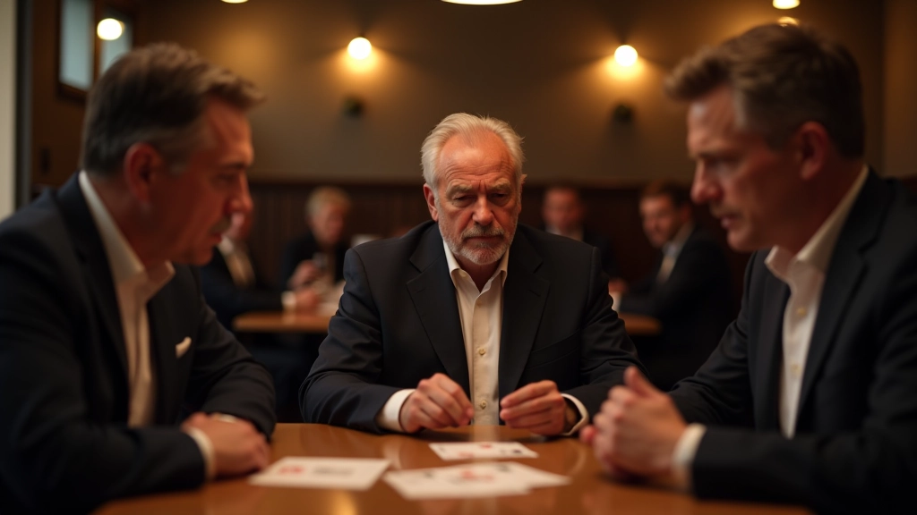 Team members of mixed ages engaged in animated discussion around a table, pointing at riddle cards with concentrated but relaxed body language