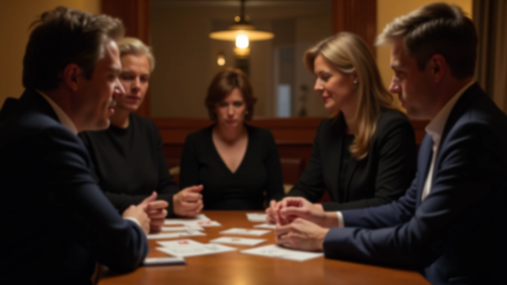 Group of adults gathered around a table with clues and mystery cards during a detective game night event
