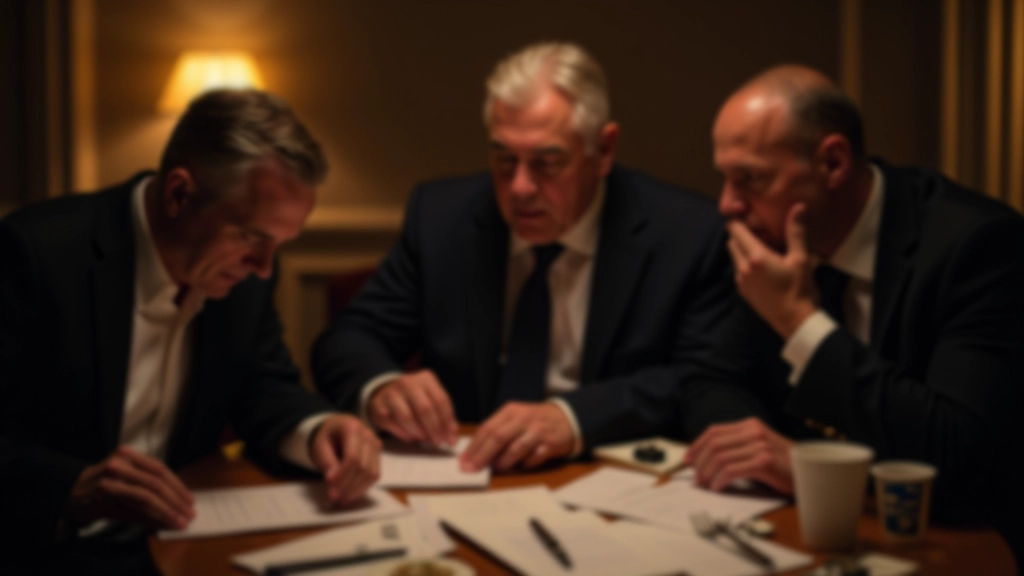 Group of adults in detective costumes reviewing evidence together at a mystery dinner event