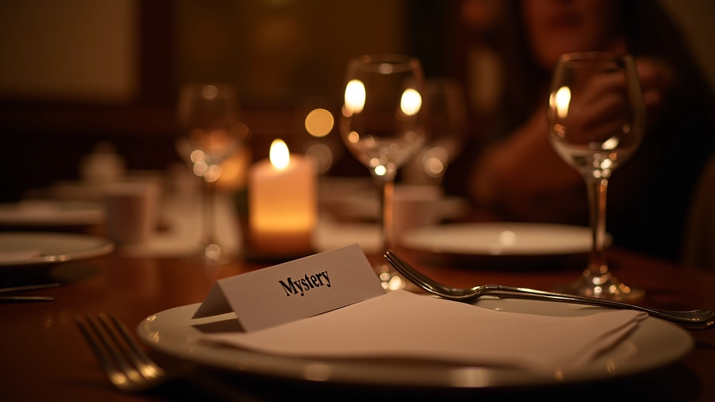 Elegant dinner table setting with mystery envelopes and wine glasses prepared for a spy-themed dinner event