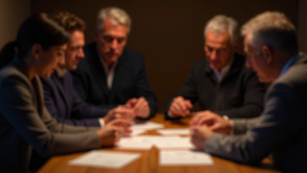 Diverse team members of varying ages seated around a table with riddle cards spread out, examining clues together with focused expressions