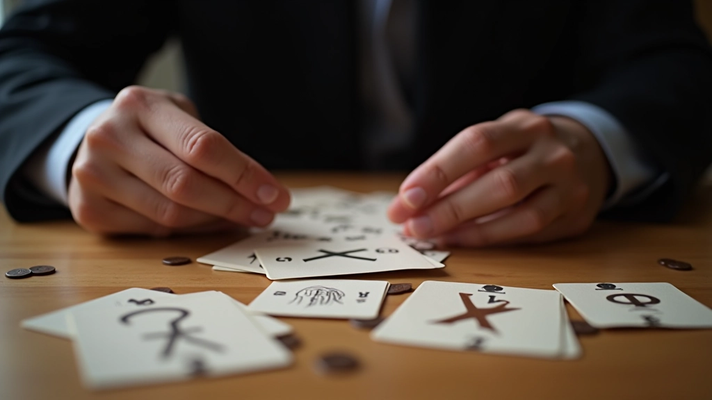 Close-up of hands examining riddle cards and puzzle pieces on a game table during a competition