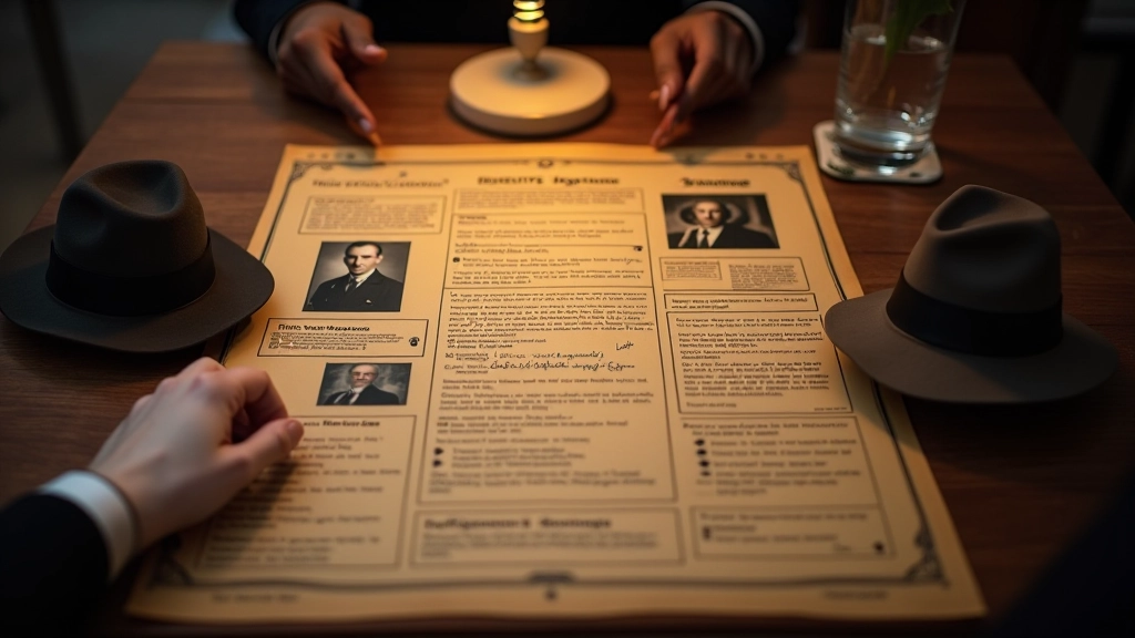 Detective character profile sheet with handwritten notes, evidence photos, and investigation methods