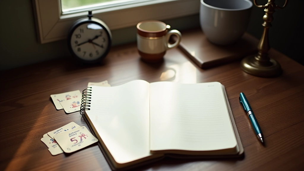 Overhead view of a table with a notebook showing a list of clues, a timer, and puzzle cards arranged in a strategic layout for team analysis