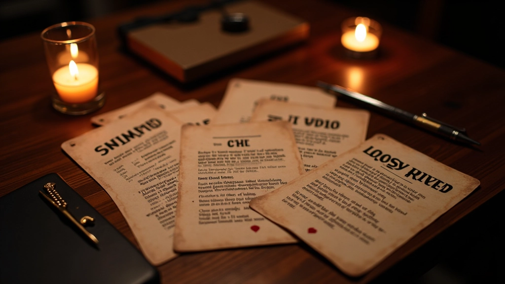 Overhead view of a wooden table with scattered clues, mystery cards, and a detective notebook during a game session
