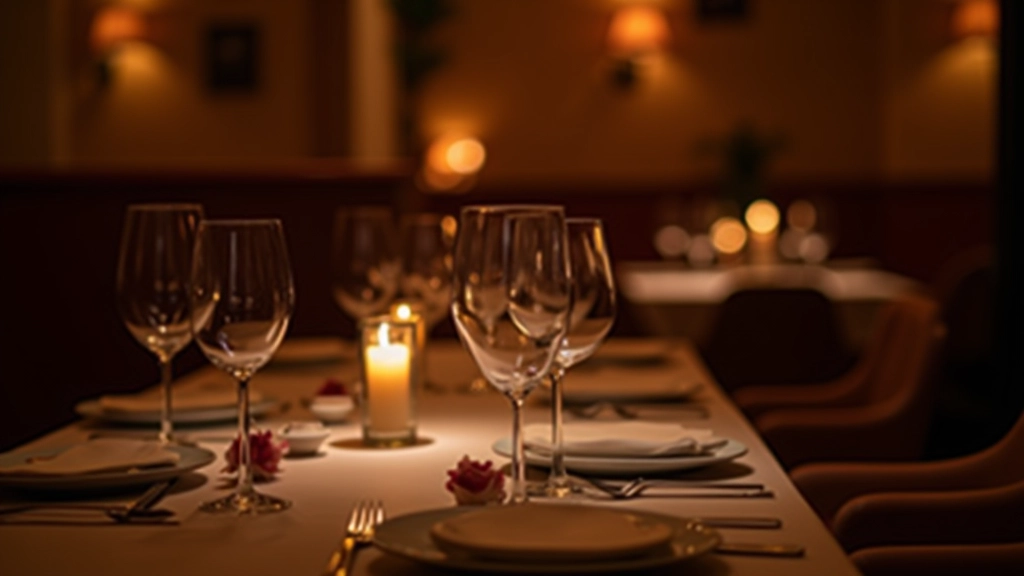 Sophisticated mystery dinner event setup with elegant table settings and warm ambient lighting