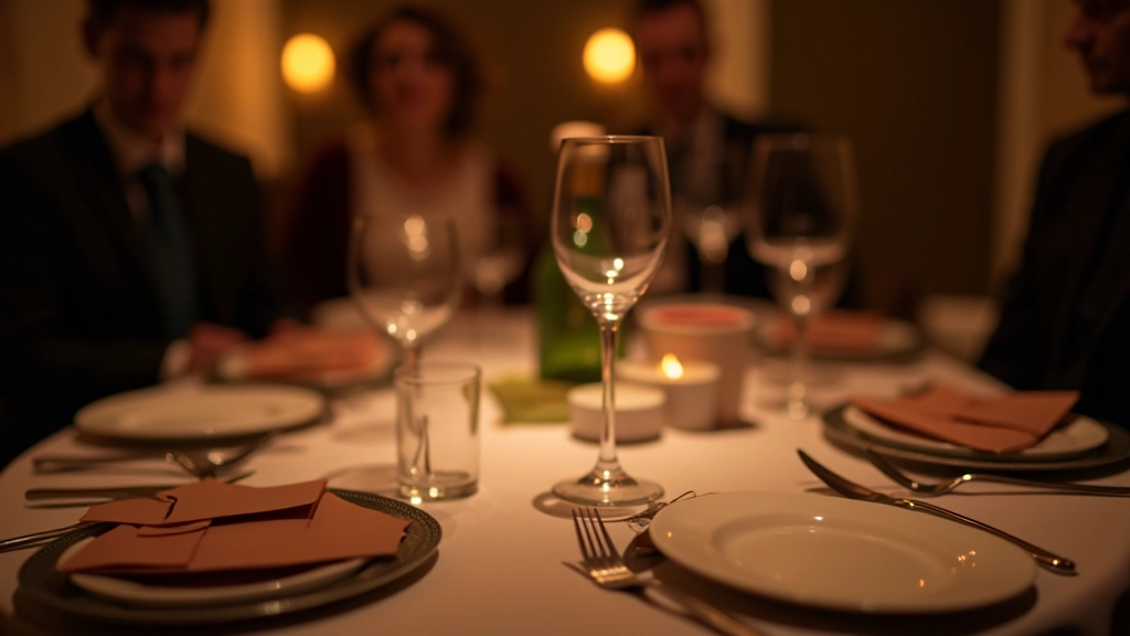 Elegant dining table setup with mystery envelopes, wine glasses, and clue cards arranged for an interactive spy-themed dinner event